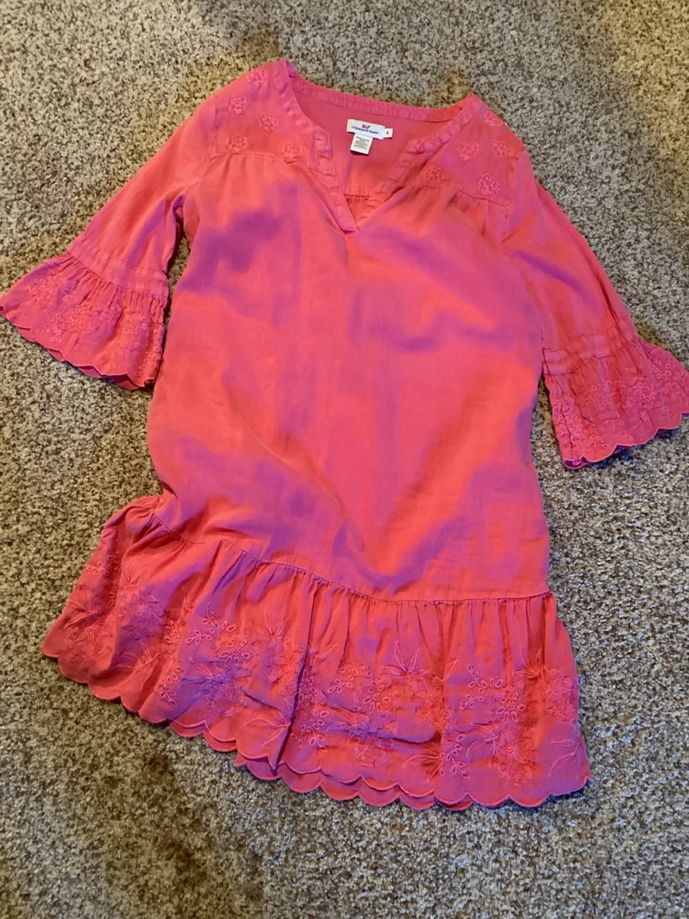 Vineyard Vines Coral Pink Embroidered Ruffle Dress